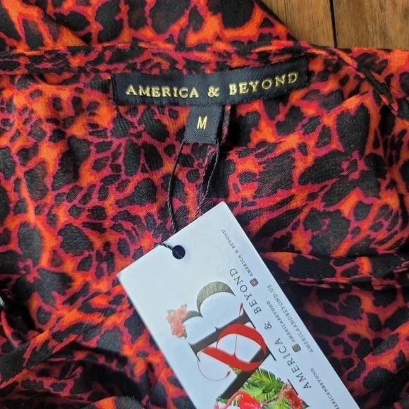 NWT AMERICA and BEYOND Lace-Up Back Red Tiered Sheer Maxi Dress Cover up M - Picture 3 of 11